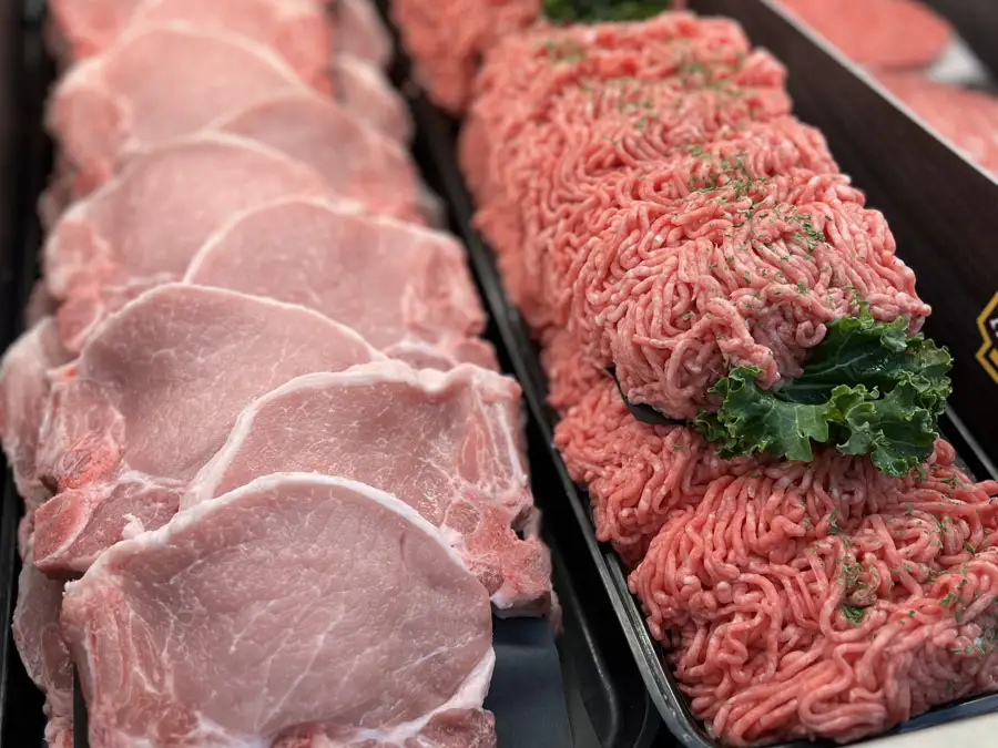 the cut pork chops and ground beef available to order